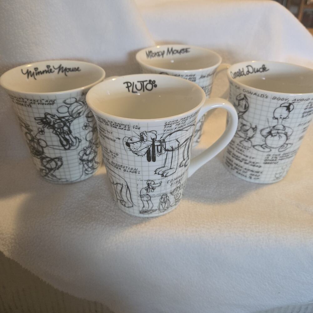 4 Disney 90 Years Sketchbook Mugs Cups Mickey, Minnie, Pluto, Donald Duck